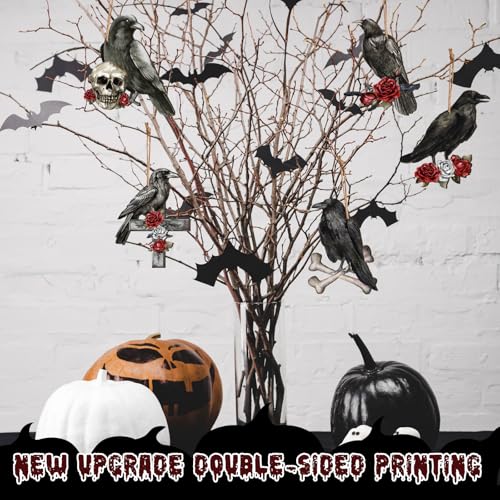 Halloween Crow Wooden Hanging Ornaments - Spooky Gothic Decor Set of 24 - Black & White