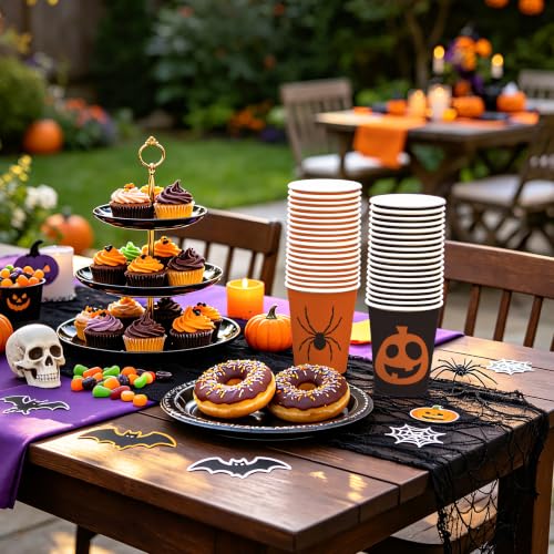 Halloween Paper Cups 9oz - Spider Design, Colorful Spider Variation, 48 Pack