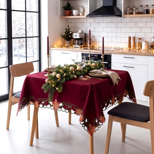 Christmas Burgundy Square Embroidered Poinsettia Tablecloth - 34 Inch