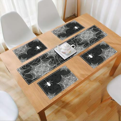 Halloween Spider Web Placemats Set of 4 - 12x18 Inch Burlap Table Mats