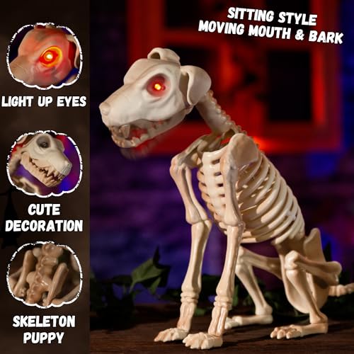 Halloween Animatronics 15-Inch Skeleton Dog with Light-Up Eyes & Sound Activation - Creepy Haunted Prop for Indoor Outdoor Decor