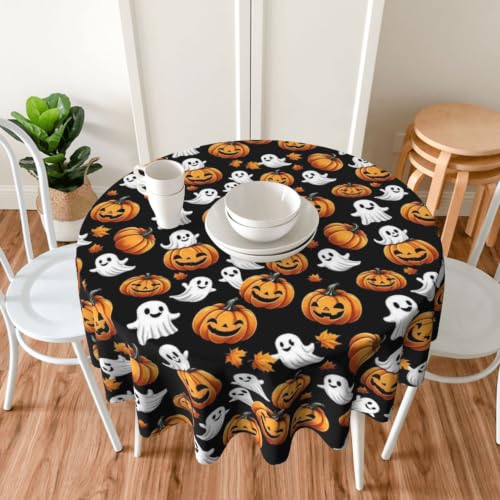 Halloween Round Waterproof Tablecloth 70 Inch - Rustic Pumpkin & Ghost Design