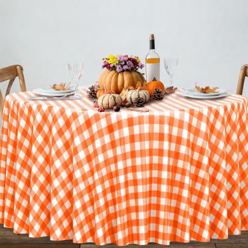 Orange Gingham Round Tablecloth 54x108 Inches - Pack of 6, Fall Checkered Cover - Orange-Round