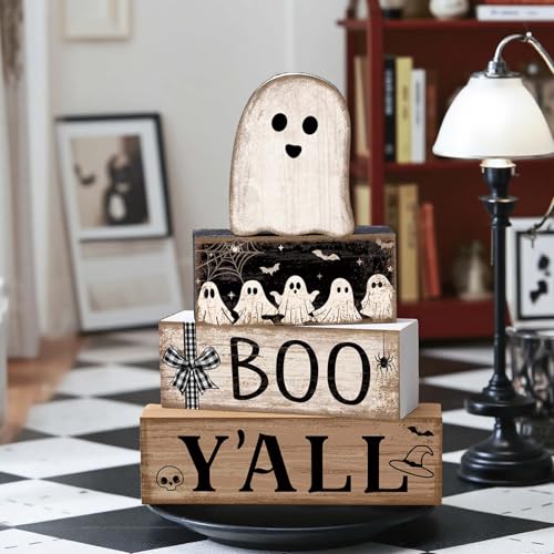 Little Ghost Halloween Wooden Tiered Tray Decor - 4 Pieces, Spooky Whimsy