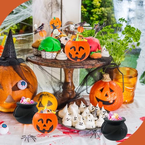 24 Pcs Halloween Mini Candy Buckets & Cauldrons Set - Pumpkin & Witch Design