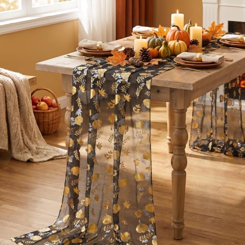 Artoid Mode Fall Gauze Table Runner 120 Inch Black Gold with Metallic Foil Leaves