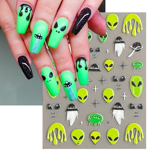 Alien Embossed Nail Art Stickers - Space UFO Rocket Design, Self-Adhesive, 2 Sheets