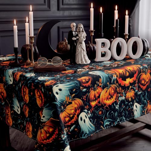 Spooky Pumpkins Ghost Halloween Tablecloth with Variation Black Cat Bat Pumpkin - 60x84 Inch