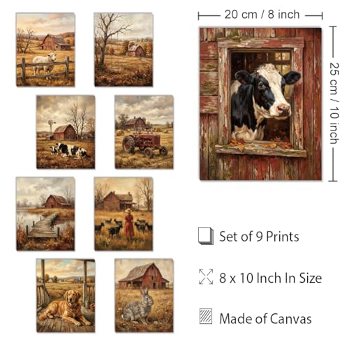 Farmhouse Wall Art Set - 9 Waterproof Canvas Prints for Home Decor - Unframed
