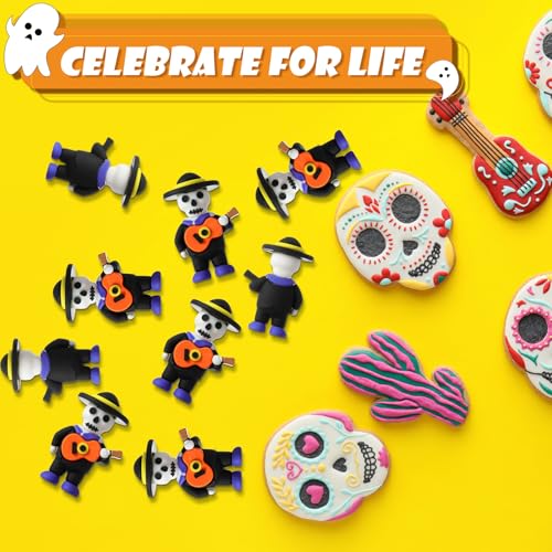 Day of the Dead Skeleton Figurines Set - 50 Mini Mariachi Skeleton Statues with Guitars - Halloween Decor