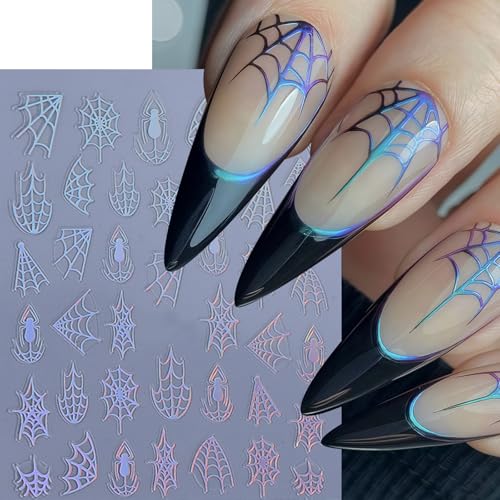 Halloween Nail Stickers Set - Laser Spider Web Design for 3D Nail Art - Black, White, Gold, Silver, 10 Sheets