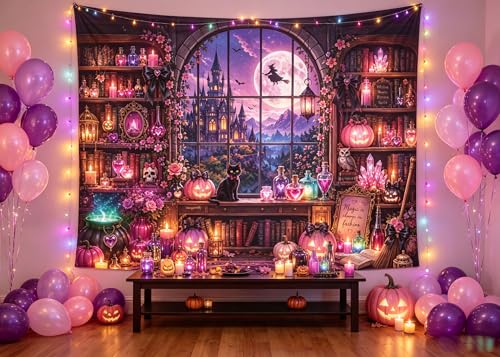 Pink Halloween Witch Library Backdrop 7x5FT for Party & Photo Booth Decorations