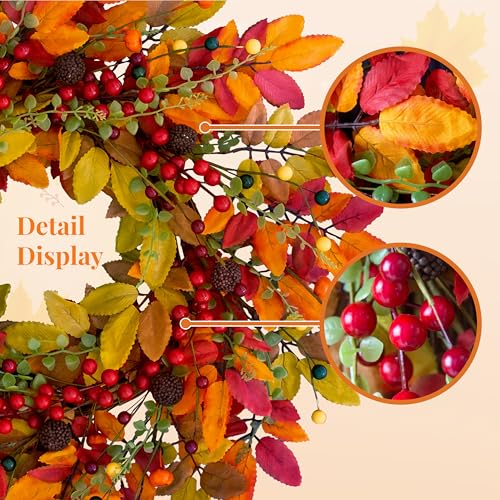 22 Inch Fall Berry Wreath for Front Door Outdoor Decor with Red Berries