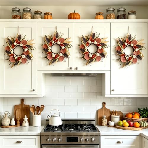12-Inch Fall Pumpkin Wreaths Set of 4 for Autumn & Thanksgiving Decor