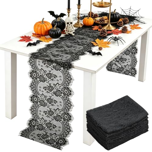 8pcs Halloween Black Lace Table Runners - Elegant Gothic Table Decor 14x120 Inch