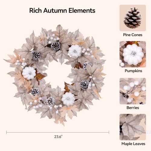 22 Inch Fall Wreath with Lights & Adjustable Hanger - Autumn Decor