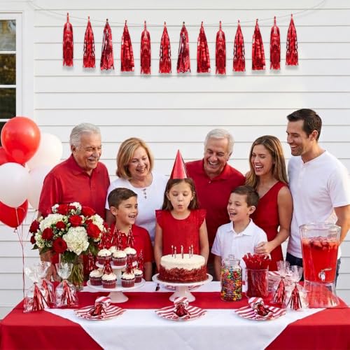 Red Metallic Foil Tassel Garland - 3 Pack Party Streamers for Weddings Celebrations