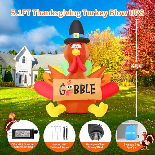 Thanksgiving Inflatable Turkey with LED Lights Outdoor Yard Decor - 5FT