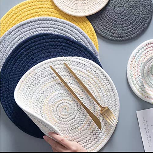 Gray Woven Cotton Placemat Set - Round 13.8 Inch Table Runners, 6 Pack