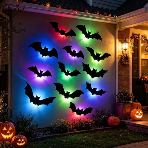 Halloween Bat Wall Stickers 48 Pack with Colorful LED Lights - 3D Glowing Gothic Decorations, Style2-48pcs