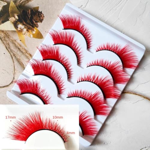 False Lashes Cat Eye Fluffy 5 Pairs - Red Color for Halloween & Parties