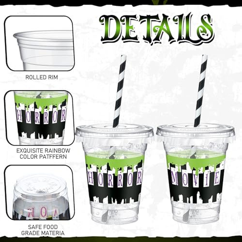 Halloween Cups with Lids & Straws - Horror / Black - 50 Pack, 12 oz