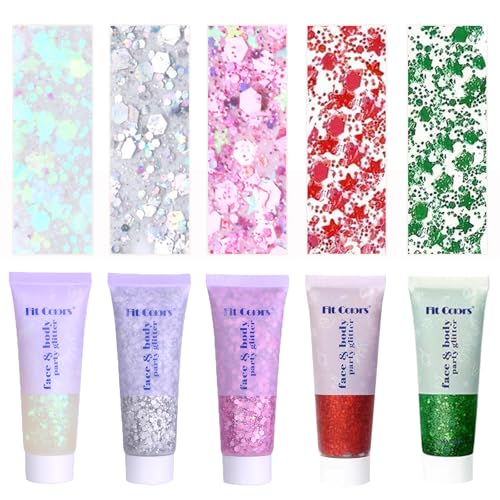 Chunky Face & Body Glitter Gel Set - Multi-Color Sequin Makeup for Festivals & Performances - White, Silver, Pink, Red, Green