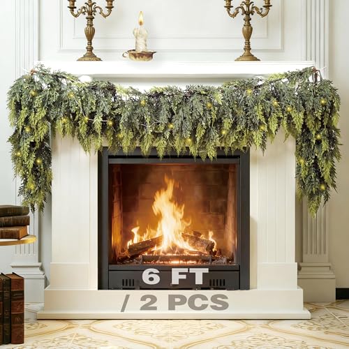 2Pcs 6Ft Faux Cedar Garland with Lights - Real Touch Christmas Decor Variation of Cedar-6Ft-2Pcs