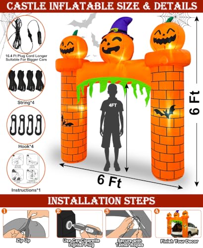 Halloween Inflatable Pumpkin Castle Car Decorations Kit - 6 FT with LED Lights
