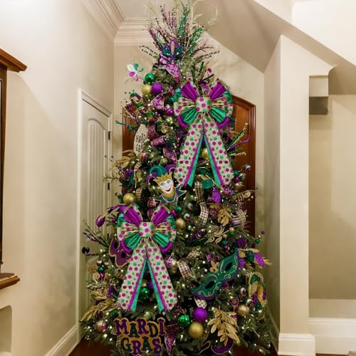 Purple Mardi Gras Tree Topper Bow Decor - 12x20 Glitter Wreath for Holiday & Party