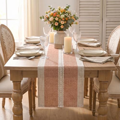 Caramel Braided Striped Rustic Chenille Table Runner 13x72 Inch for Autumn Fall Decor