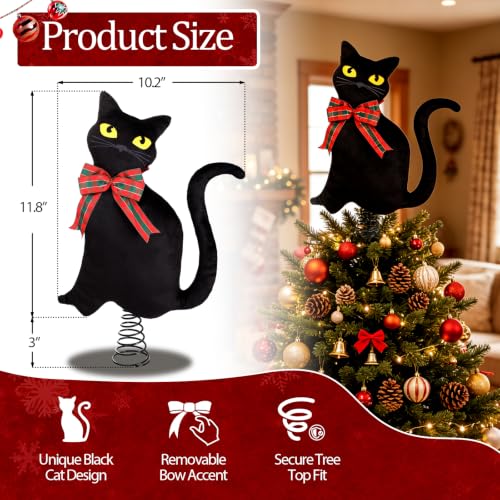 Halloween & Christmas Black Cat Tree Topper with Changeable Bows - 11.8 Inch Decor