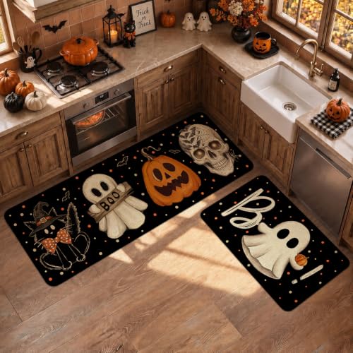 Halloween Kitchen Mat Decor Non Slip Washable Set of 2 - Black Halloween Elements