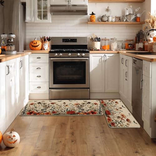 Ghost Flowers Halloween Kitchen Mats Set of 2 - Non-Slip Decor Rugs