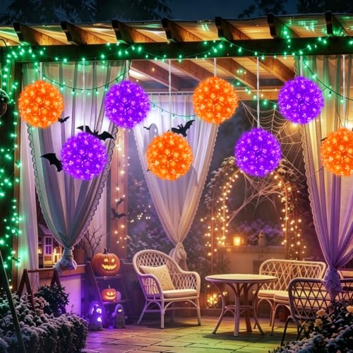 LED Halloween Sphere Lights - 4.2-Inch Purple & Orange Cherry Blossom Ornaments with 16 Modes, Indoor Outdoor Decor (4 Pack)