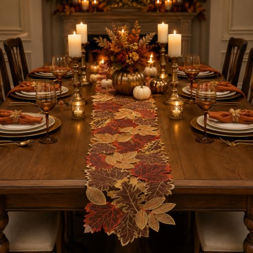 Brown Fall Maple Leaf Embroidered Table Runner 13x69 Inches for Autumn Decor