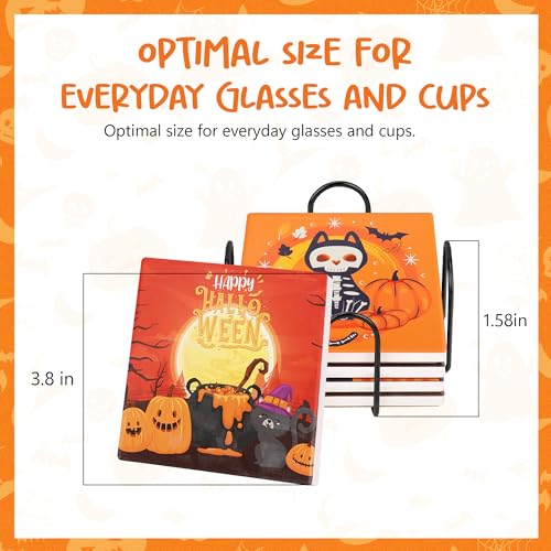 Set of 4 Absorbent Ceramic Drink Coasters with Black Holder and Cork Base - Halloween Decor