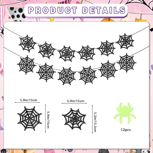 Halloween Hanging Spider Web Decorations Set with Glitter Garlands and Glow-In-The-Dark Stickers