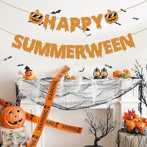 Summer Halloween Banner with Glitter Pumpkin Decorations for Summerween Party