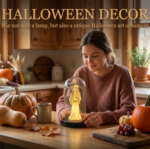 Yellow Grim Reaper Ghost Halloween Decor Light - LED Tabletop Lamp with Glass Dome