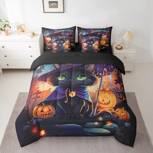 Halloween Black Purple Cat Bed in a Bag Set Full Size with Pumpkin Lantern Decor - Trick or Treat Bedding