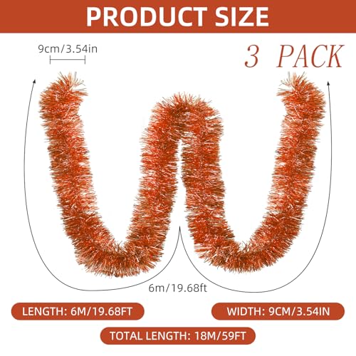 Orange Christmas Foil Tinsel Garland 3 Pack, 59 Feet Shiny Hanging Decorations