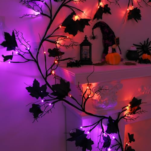 Halloween Willow Vine Twig Garland with 72 LED Lights - 9ft Orange & Purple, 8 Modes & Timer