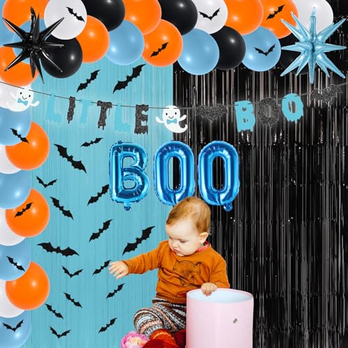 Blue Halloween Baby Shower Decorations Set with Banners Balloons & Stickers - Little Boo