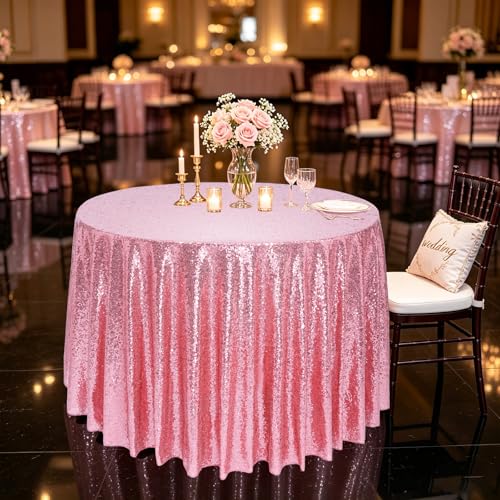 Fuchsia Pink Round Sequin Tablecloth - 120 Inch Glitter Party Cover with Variation