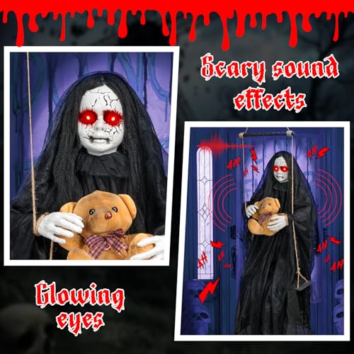 Black Haunted Girl Hanging Ghost Doll - Creepy Halloween Decor, Sound & Light