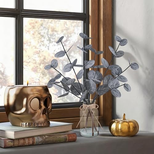 Black Faux Eucalyptus Stems in Glass Vase - Realistic Artificial Plants, 13.5" for Home Decor, Office & Farmhouse