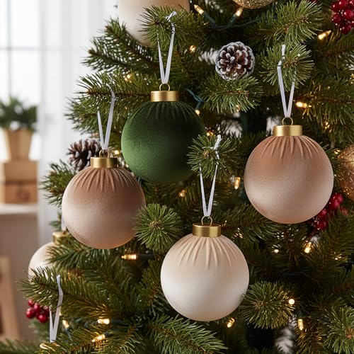 15Pcs Velvet Christmas Ornaments Set - Dark Green, Champagne, Kaki - Shatterproof Holiday Decorations