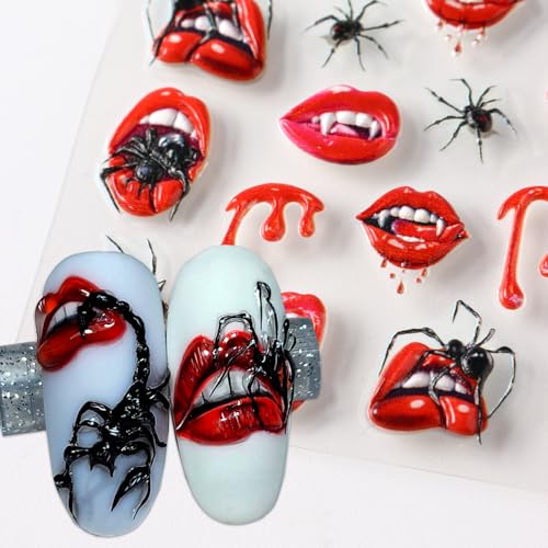 Halloween Nail Art Stickers 5D Embossed Horror Design - Colorful, 2 Sheets