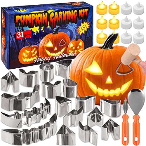 Pumpkin Carving Kit for Kids with Stencils, LED Candle Lights & Tools - Halloween Decorations